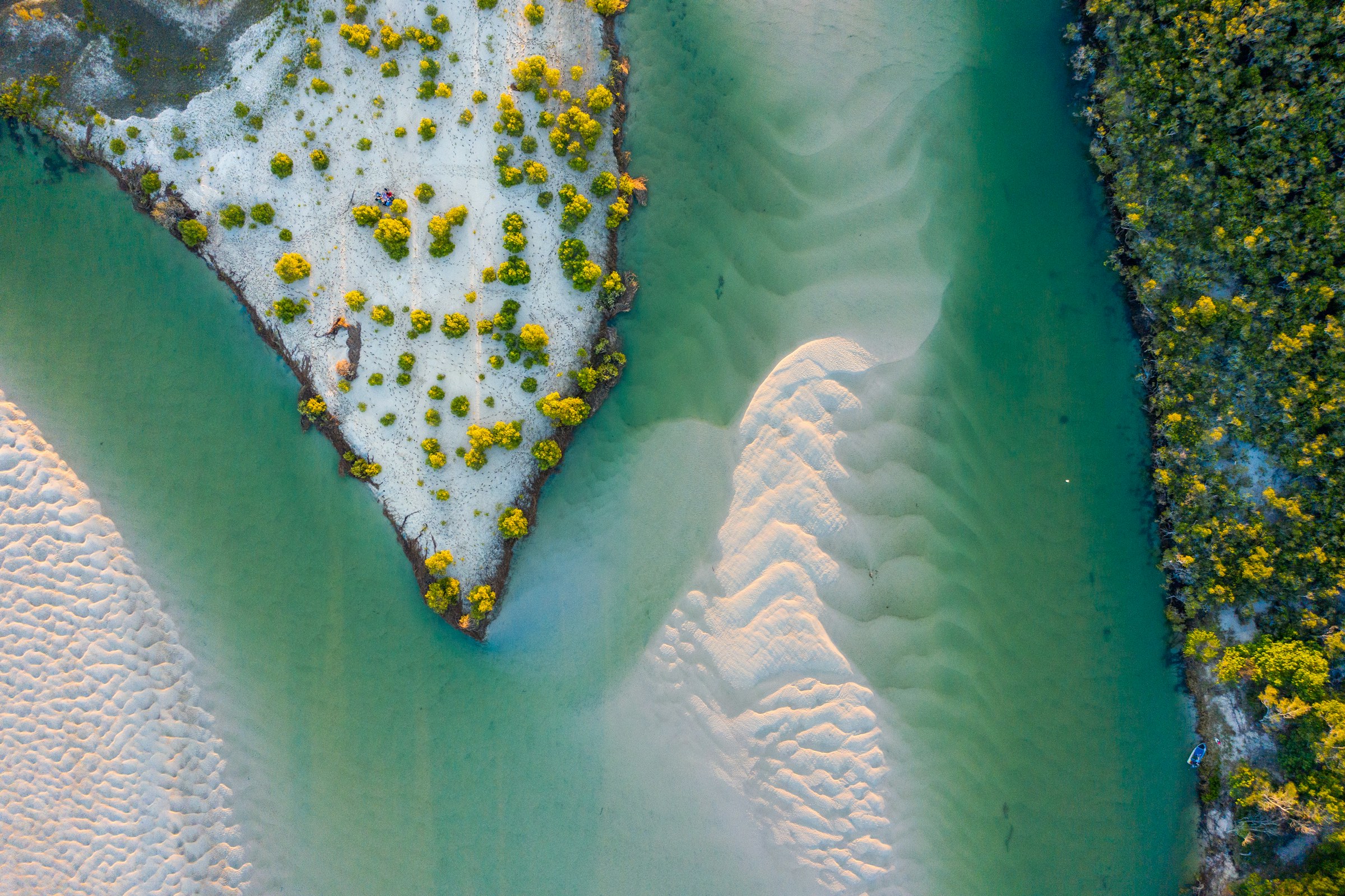 Aerial view of the Noosa River meeting the coast