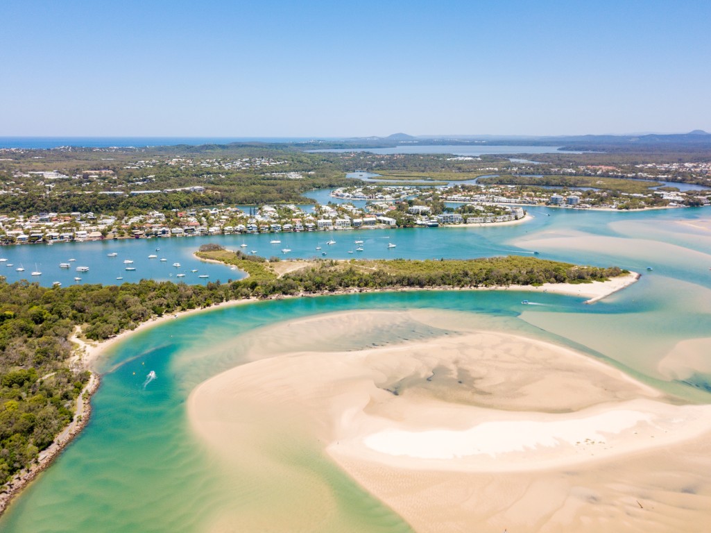 Aerial view of river, sandbar and waterways in the Noosa region